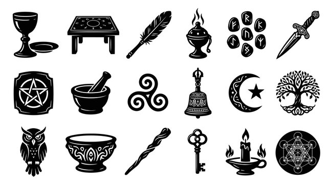 Esoteric Magic Witchcraft Symbols and Ritual Tools Glyph Icon Collection in Black and White