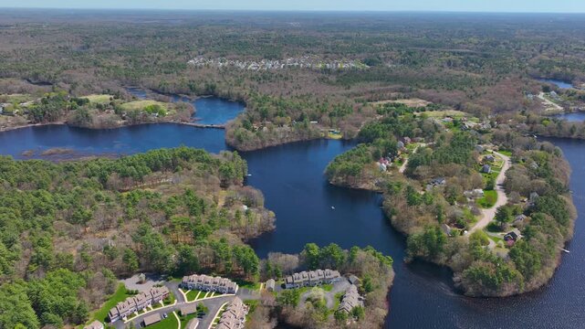 Watson Pond and Lake Sabbatia aerial view in spring in Watson Pond State Park in city of Taunton, Bristol County, Massachusetts MA, USA. 