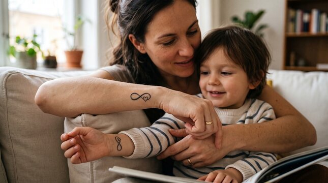 A mother's embrace: A tender moment captured as a mother lovingly holds her young child on a cozy sofa, surrounded by the warmth of their home, a symbol of unconditional love and familial bond.