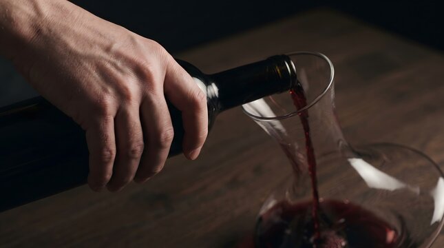 Man pouring red wine from bottle into crystal decanter on dark wooden table.