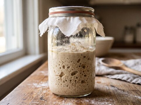 Active sourdough starter bubbling inside a glass jar covered with cloth on a flour-dusted wooden counter conveying natural fermentation and bread making.
