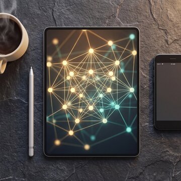 Digital tablet displaying a glowing network visualization on a dark stone desk with coffee with alongside stylus smartphone smartphone steaming cup
