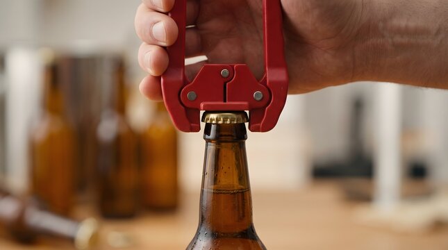Man sealing beer bottle with red manual capper for home brewing.