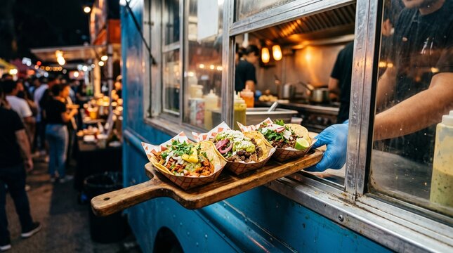 Taco Truck Takeout: A vibrant scene unfolds at a bustling night market as a food truck worker serves up a tray of delicious, loaded tacos to eager customers.