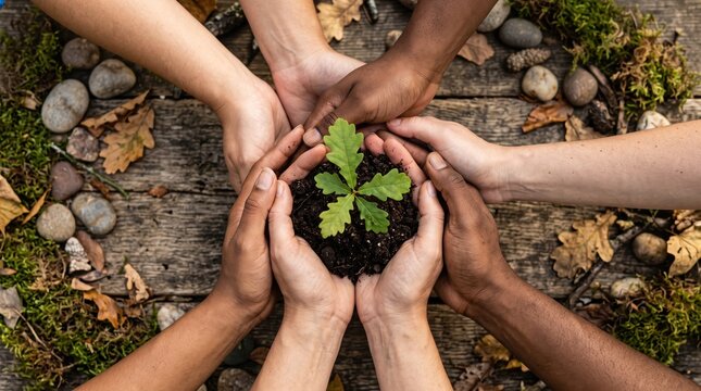 Diverse hands holding a small green oak sapling in soil together, symbolizing teamwork, environmental protection, and global unity for sustainability, community care for nature