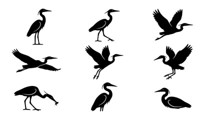 Naklejka premium Heron Bird Vector Silhouette Set Egret Fishing Flying Standing Poses Black Illustration Collection