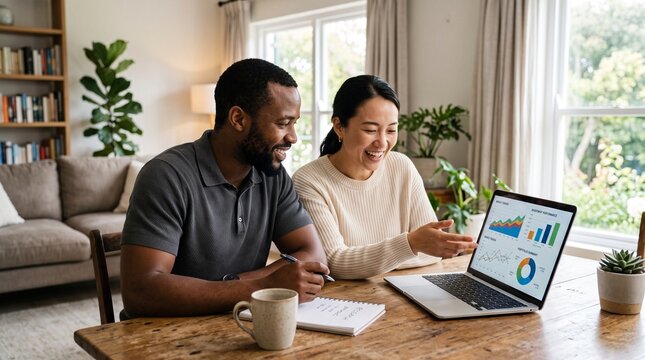 Financial Planning at Home: A smiling couple, a man and woman of mixed ethnicity, collaborate over a laptop displaying financial charts and graphs.