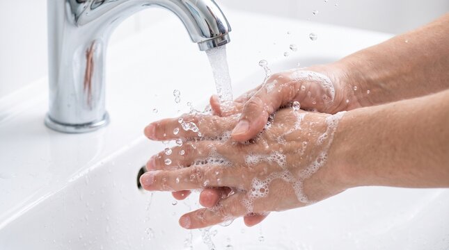 Close-up of hands washing with soapy water under a running tap symbolizing proper hygiene habits and germ prevention.