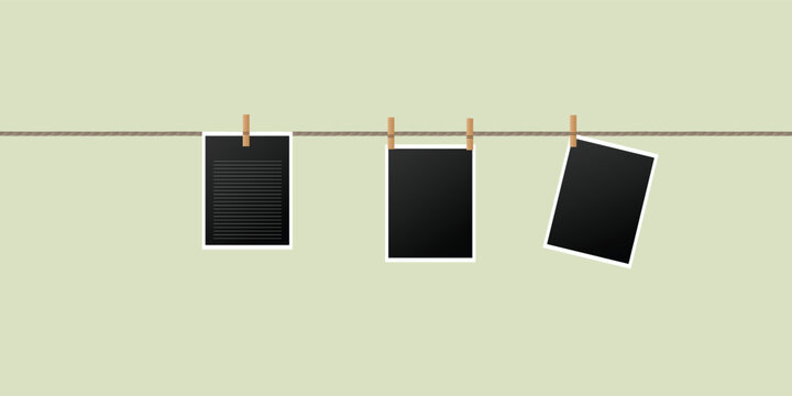 Blank Photos and Notes Hanging on a Clothesline With Clothespins Minimalist Memory Display