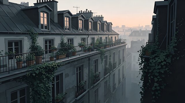 French-Style Apartment Buildings with Balconies and Ivy in a Misty Urban Street at Dawn
