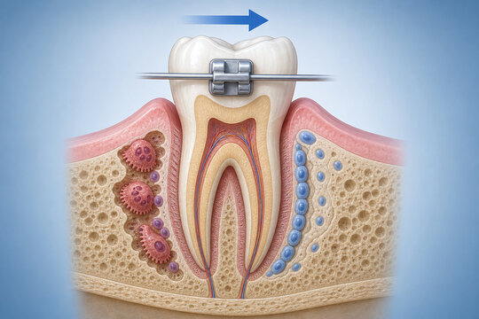 Orthodontic tooth movement in jaw bone cross section