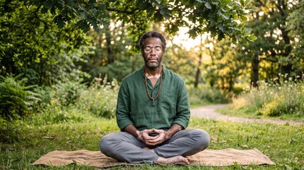 Obraz premium Serene Meditation in Nature: A man with closed eyes sits in a peaceful meditative pose on a mat in a lush, sun-dappled forest clearing, embodying tranquility and mindfulness.