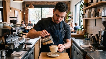 Fototapeta premium Barista's Craft: A focused barista pours creamy milk into a coffee cup, meticulously preparing a latte in a cozy cafe, with soft natural light illuminating the scene.