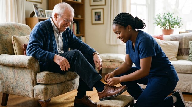 Caring Companion: A caregiver gently assists an elderly man, offering support and comfort as she tends to his footwear, embodying compassion and devoted assistance in a warm home setting.