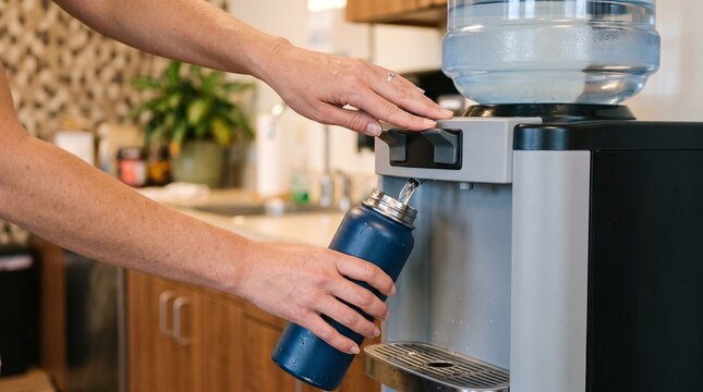 Filling Water Bottle: Close-up of a person's hands filling a reusable water bottle from a water cooler dispenser in an office or kitchen setting. Hydration, healthy living, and sustainability concept.