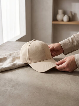 beige cap, baseball cap, blank cap, hat mockup, apparel mockup, fashion accessory, neutral fashion, casual wear, blank hat, cap design, clothing accessory, merchandise mockup, streetwear, minimal fash