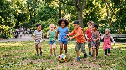 Fototapeta premium Diverse children play soccer in a park: A group of diverse children are joyfully playing soccer in a sunny park, surrounded by lush green trees and grass. They are all smiling and having fun.