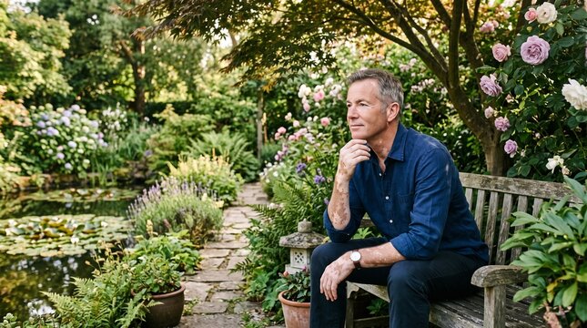 A Man's Tranquil Retreat: A contemplative man finds solace on a wooden bench in a vibrant, blooming garden, surrounded by lush greenery and the gentle murmur of a nearby pond.