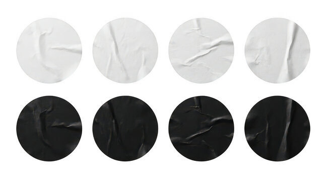 Set of round wrinkled black and white paper sticker mockups isolated on transparent background