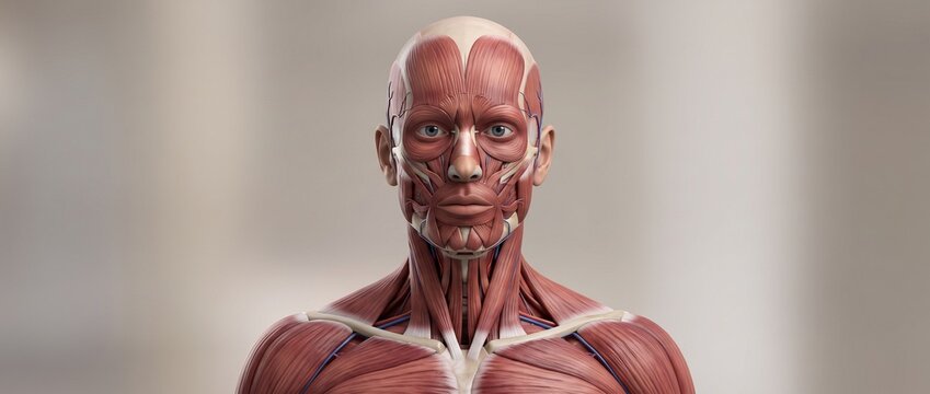 Human Facial and Upper Body Muscular Anatomy Illustration