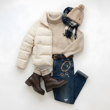 Cozy and stylish winter fashion ensemble, a flat lay showcasing a warm puffer jacket, turtleneck sweater, jeans, boots and accessories