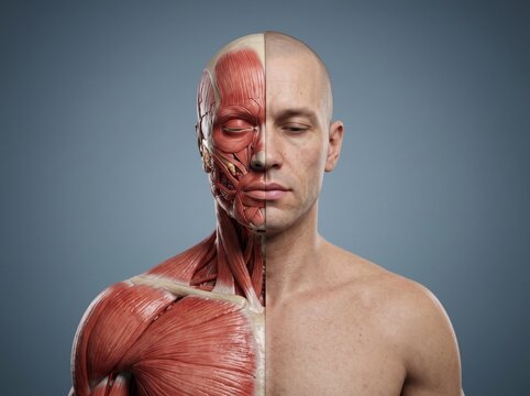 Front-Facing Male Anatomical Bust Showing Facial Muscles