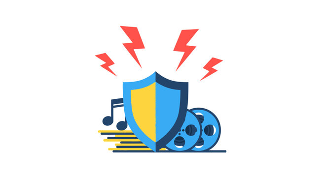 Intellectual Property Protection Icon showing Shield Guarding Music Note and Film Reels from Lightning Bolts. Digital Rights Management and Copyright Safety Concept.