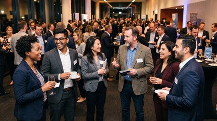 Obraz premium Networking Event Buzz: Professionals mingle and converse at a lively networking event, creating connections and fostering collaboration in a modern indoor venue.