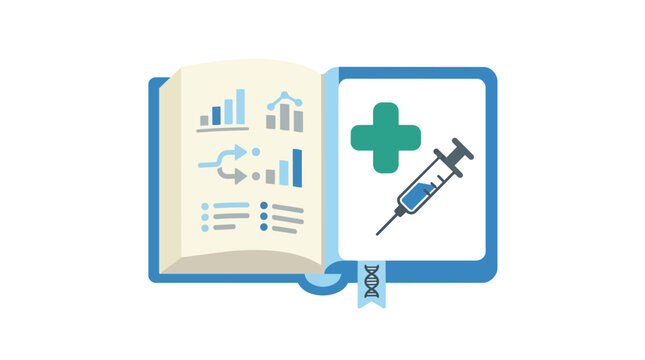 Healthcare research book with clinical data charts and vaccine syringe flat vector illustration for pharmaceutical analytics