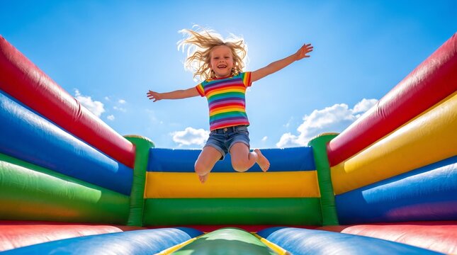 Happy Young Child Having Fun Jumping High on a Colorful Inflatable Bounce House at an Outdoor Playground