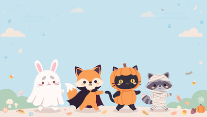 Naklejka premium Kawaii forest animals wearing Halloween costumes with copy space