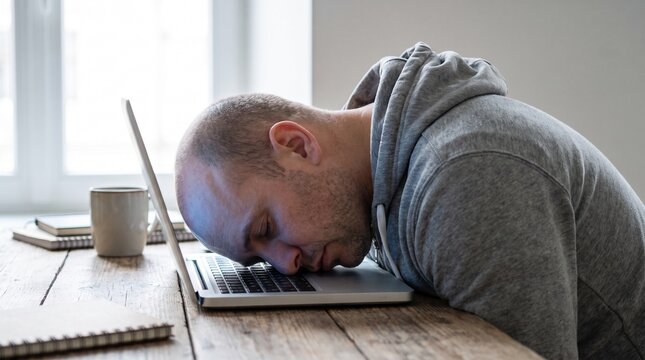 Man overcome with exhaustion sleeping face down on his laptop keyboard, illustrating modern work burnout, fatigue, and the challenges of a demanding professional life
