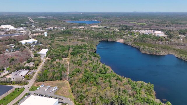 Watson Pond and Lake Sabbatia aerial view in spring in Watson Pond State Park in city of Taunton, Bristol County, Massachusetts MA, USA. 