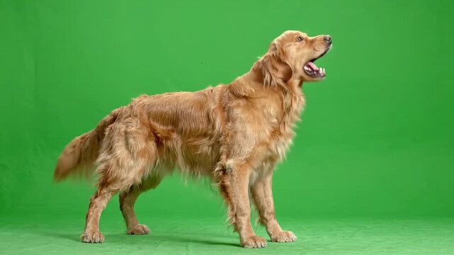 Golden Retriever Dog Barking and Looking Around on Green Screen.