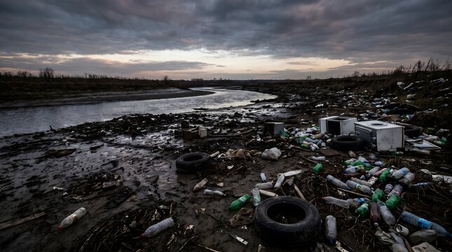 Plastic bottles, tires, and electronic waste polluting a muddy riverbank under a dramatic sunset sky.