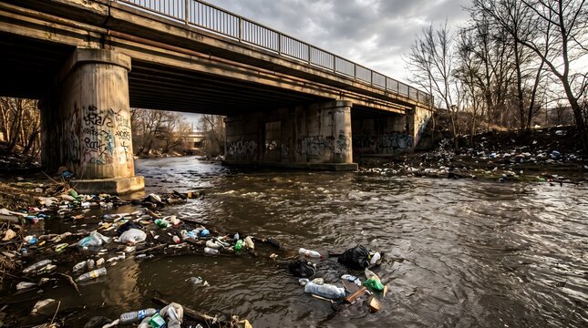 Plastic pollution waste floating in a river under a concrete bridge