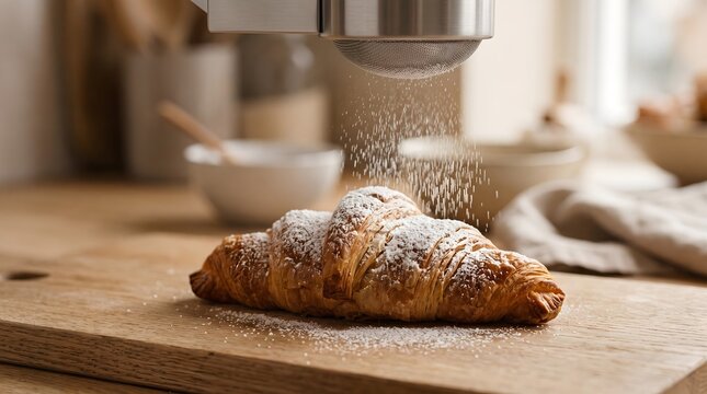 Powdered sugar sifting over fresh golden croissant on wooden kitchen board