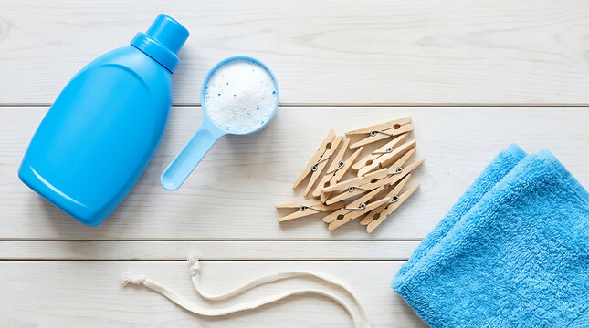 Top View Laundry Care Essentials Featuring Blue Liquid Detergent Scoop And Wooden Clothes Pegs