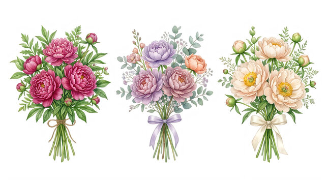 Watercolor floral bouquets set peonies roses and eucalyptus arrangements