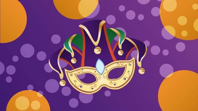 Animated Mardi Gras mask and jester hat with swirling dots and large circles on a purple background.