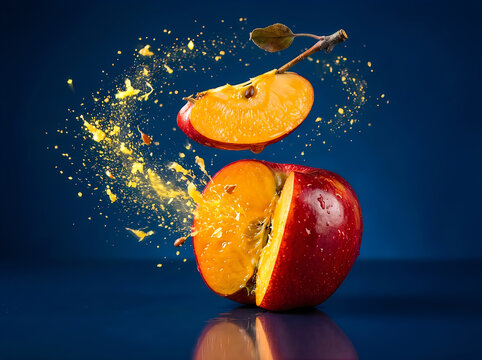 Dramatic apple bite high speed photography of fruit impact with juice splash