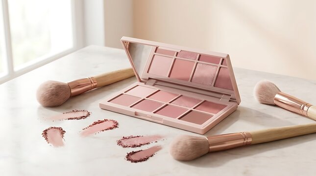 Pink makeup palette with cosmetic brushes and powder swatches for beauty and skincare routine. easy eyeshadow looks