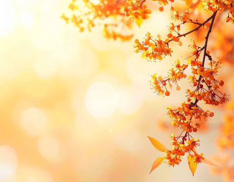 秋の紅葉と黄色い花が彩る木々の枝　明るい光が差し込むオレンジ色の背景　文字入れ用コピースペースのある自然の風景写真　季節の挨拶や広告バナーに使用可能な華やかな植物のイメージ素材