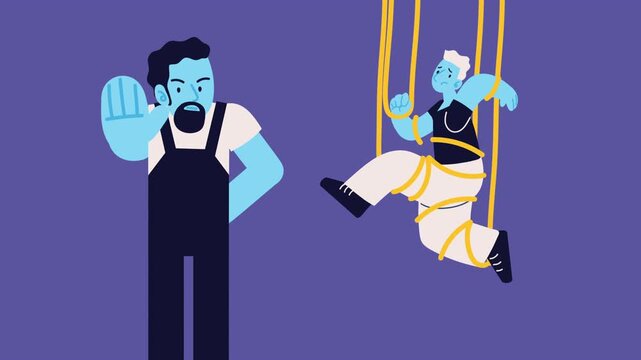 Animation of person in overalls making stop gesture next to man tied up with ropes and strings.