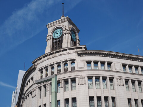 TOKYO, JAPAN - October 27, 2024: Top of Seiko House Ginza (Wako) including it's clock tower.