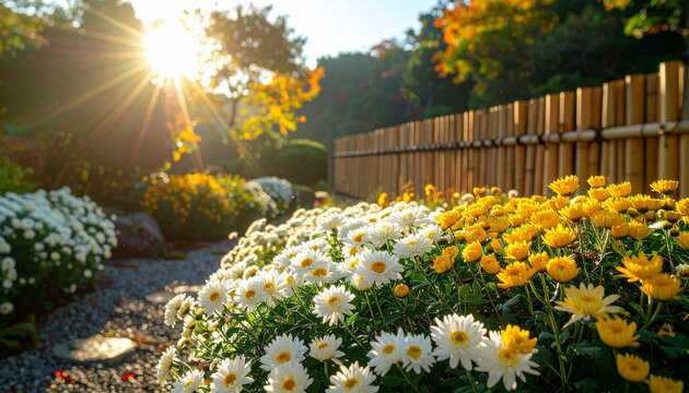 秋の日本庭園に咲く白と黄色の菊の花　逆光の太陽が輝く美しい自然風景　和風の竹垣と紅葉した木々が調和する落ち着いた秋の季節感あふれる背景素材　Webサイトや広告バナーに使用できるコピースペースのある屋外の植物写真