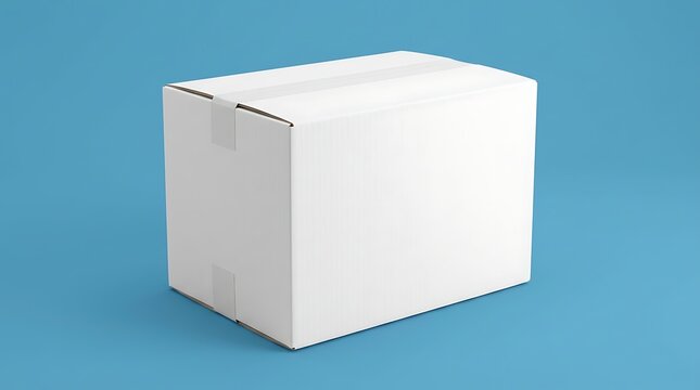 Closed White Corrugated Cardboard Shipping Box Sealed With Tape Isolated On A Clean Solid Blue Background