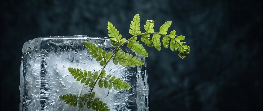 冷たい氷塊に閉じ込められたシダの葉