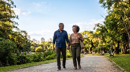 Fototapeta premium Happy senior couple holding hands walking in a park with city skyline in background