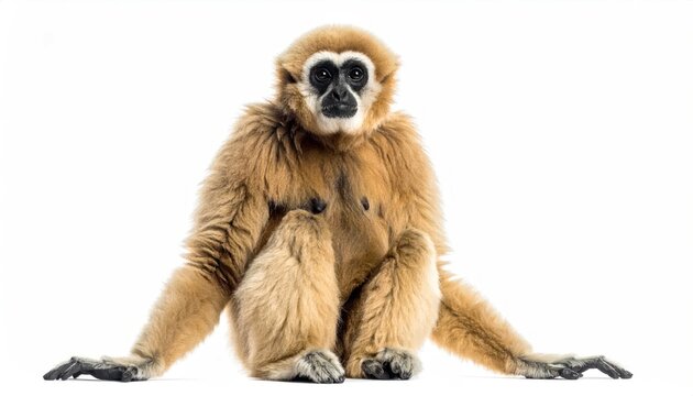 Sitting primate with light brown fur, black face, and outstretched arms, against a white background